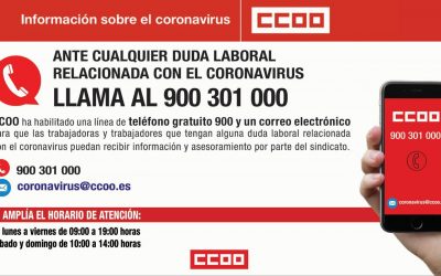 Teléfono gratuito de CCOO para de atención laboral por la crisis del coronavirus